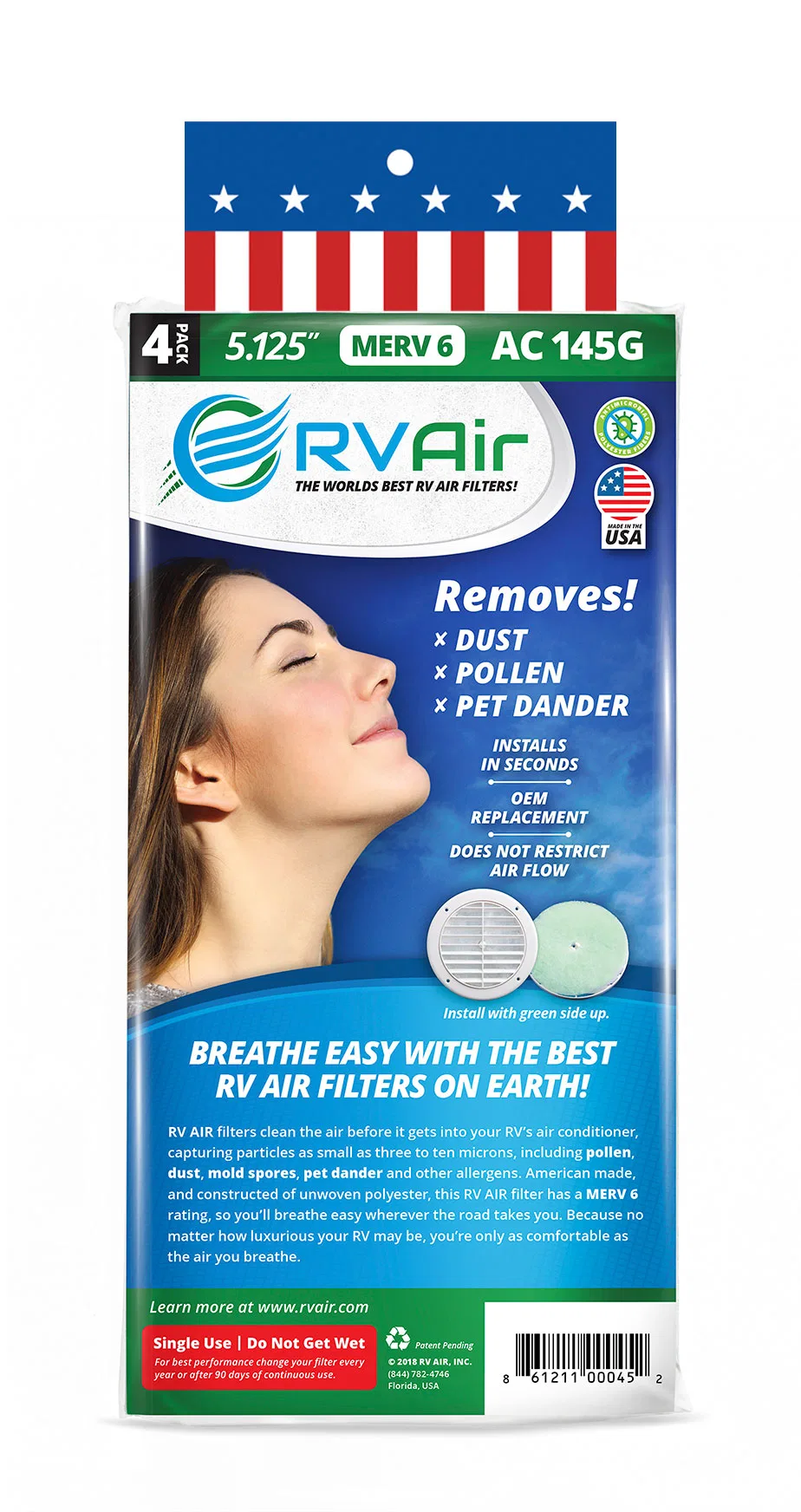 AC 145G – RV AIR INC. Air Conditioner Filter, Use With RV Air Conditioners MERV 6 Rating Round With Center Hole 5-1/4...